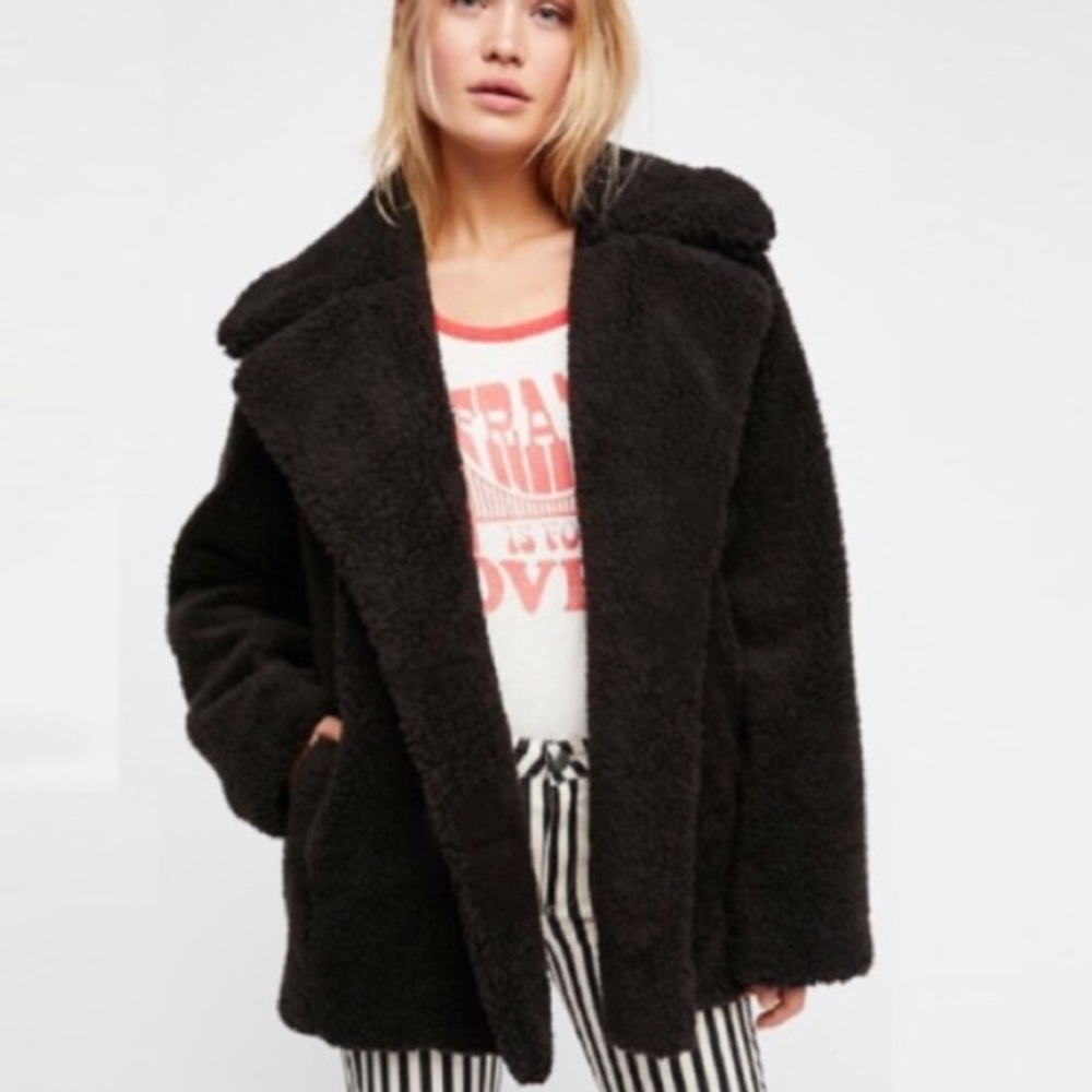 Plush Faux Fur Teddy COAT Jacket Black Ivory - Picture 2 of 8